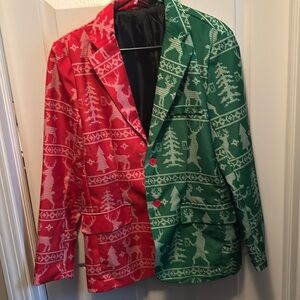 Dec 25th Men’s Red Green Christmas Reindeer Tree Party Blazer size Medium Ugly